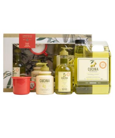 Fruits & Passion  Cucina  - Coriander and Olive Tree Deluxe Gift Set  33.8 oz Hand Soap Refill + 6.7 oz Hand Soap with Glass Dispenser + 5 oz Nourishing Hand Cream + Complimentary Cucina Candle