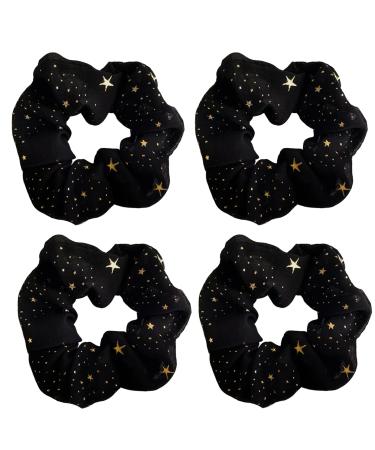 4 Pack Glitter Stars Fabric Hair Scrunchies Skin Friendly Hair Bobbles Elastics Ponytail Holders Hair Wrist Ties Bands Cloth Scrunchies for Show Gym Dance Party Club Girl (Black)