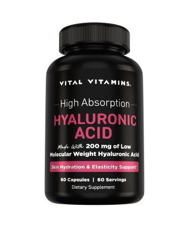 Vital Vitamins Hyaluronic Acid Supplements - Made with 200mg of Low Molecular Weight Hyaluronic Acid - Supports Skin Hydration & Elasticity from Within - 60 Capsules 60 Servings 60 Count (Pack of 1)