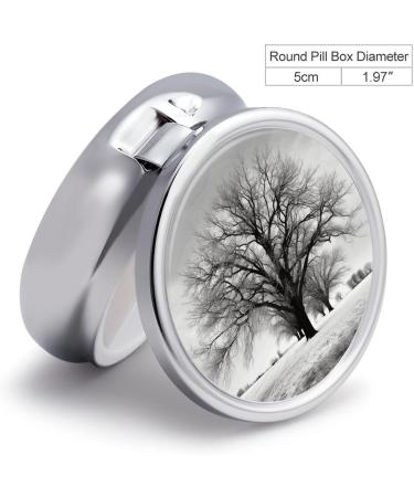 Round Pill Box - Black and White Tree Print | 3 Compartment Portable Pill Organizer - Decorative Metal Pocket Medicine Case - Buy Online on GoSupps.com