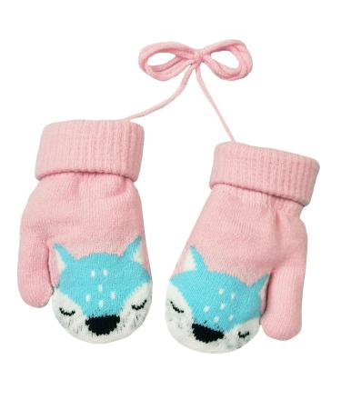 iEasey Cute Baby Winter Knitted Warm Mittens On String 0-3 Years Infant Toddler Fox Thick Fleece Lined Gloves Kid Thermal Ski Snow Gloves Cold Weather Hand Warmer for Baby Girls Boys Xmas Gift Pink #C Pink