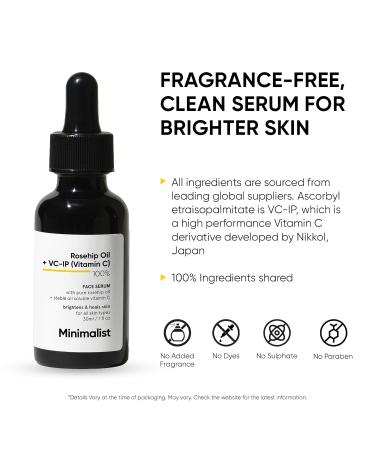 Minimalist Rosehip Oil with Vitamin C for Anti Aging & Glowing Skin | Fades Acne Marks & Scars & Reduces Photoaging | Pure & Cold Pressed | For Women & Men | 1 Fl Oz / 30 ml - Buy Online on GoSupps.com