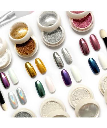 Lofuanna Chrome Nail Powder Set - 8 Colors Mirror Effect Holographic Pearl Iridescent Glitter Manicure Kit | Nail Art Deco with Eyeshadow Sticks and Dust Brush - 1g/0.5g Jar - Buy Online on GoSupps.com