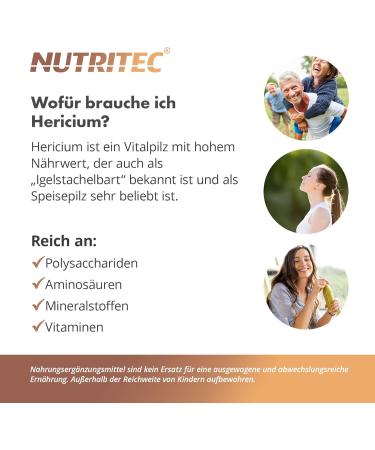 Nutritec Hericium Vital Fungus 120 Capsules | Vegan Dietary Supplement with Mushroom Powder & Acerola Extract | No Additives High Quality - Buy Online on GoSupps.com