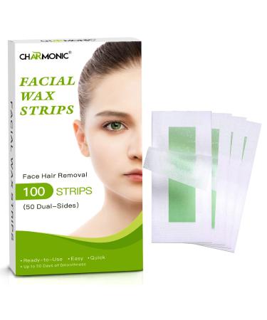 Charmonic Facial Wax Strips - 100 Count Facial Hair Removal for Women Waxing Strips for Face Eyebrow Upper Lip Chin and Cheek Hair Remover Quick & Painless Waxing Kit for All Skin Types