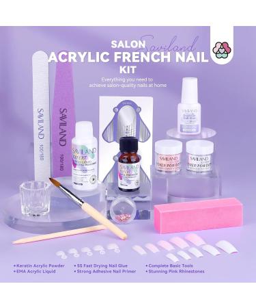 SAVILAND Acrylic Nail Kit - Complete Set with Keratin Powder Castor Oil Vitamin E Nail Primer Glue French Tips & Pink Rhinestones for Beginners - DIY Home Salon Essentials - Buy Online on GoSupps.com