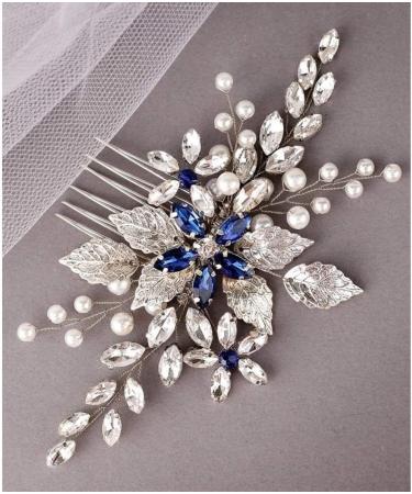 Bridal Sapphire Crystal Hair Comb Pearl Blue Crystal Leaf Marquise Hair Piece Prom Party Festival Wedding Hair Accessories for Women and Girls (Silver) Snap Clips - Buy Online on GoSupps.com