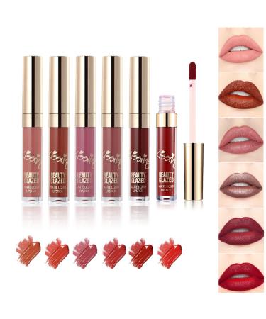 6-part lip gloss set matt lip gloss velvety silky smooth natural waterproof durable non-stick cup moisture cream make-up durable liquid lipstick make-up cosmetics (#01)
