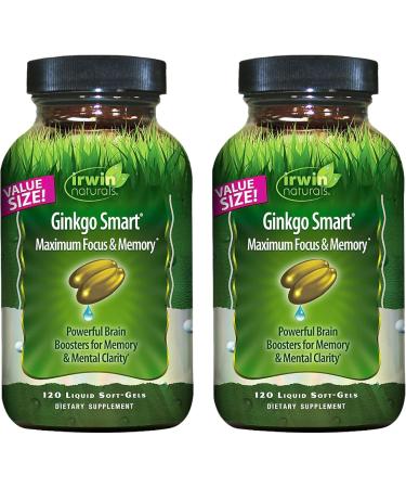 Irwin Naturals Ginkgo Smart Maximum Focus & Memory Brain Supplement with Ginkgo Biloba, Acetyl-L-Carnitine, DMAE Liquid Soft-Gels with BioPerine for Superior Absorption 120 Count (2 Pack)