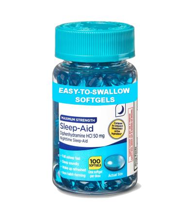 Maximum Strength Nighttime Sleep-Aid Softgels 50 mg Diphenhydramine HCl 100 Count (100-Day Supply) Non-Habit Forming Sleep Support Helps You Fall Asleep Fast & Stay Asleep All Night