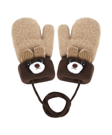 Toddler Kids Winter Warm Thick Plush Short Knitted Gloves With String for 1-3Yrs Beige/Bear