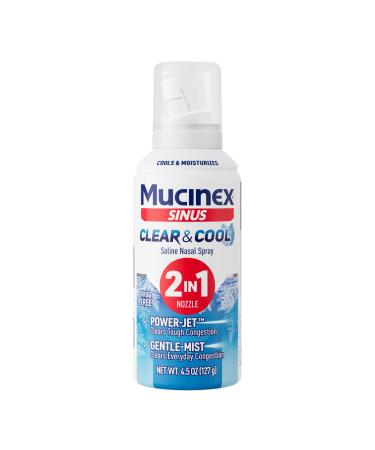 Mucinex Sinus Clear & Cool Saline Nasal Spray & Sinus Rinse with Aloe & Menthol Drug-Free Non-Drowsy Nasal Irrigation with 2-in-1 Jet + Mist Spray Nozzle for Cold & Allergy Season 4.5 oz 4.5 Ounce (Pack of 1)