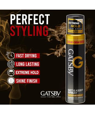 Gat-sby Set & Keep Hair Spray - Extreme Hold Quick Drying Long Lasting Hold No Flaking & Natural Shine Non Sticky & Easy Wash Off- Styling Hair Spray | -250ml - Buy Online on GoSupps.com