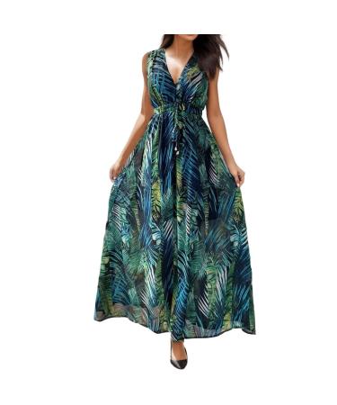 Womens Summer Short Sleeve Crewneck Pleated Swing Sundress Casual Boho Floral Print Long Maxi Dresses 1195-zayeh-green-6 L