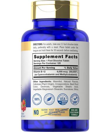Carlyle Vitamin B-12 6000mcg Fast Dissolve Tablets - 120 Count | Natural Berry Flavor | Vegetarian, Non-GMO, Gluten-Free Sublingual Supplement - Buy Online on GoSupps.com
