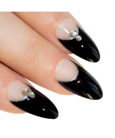 Bling Art Almond False Nails Fake Stiletto Black Crystal 24 Long Tips with Glue