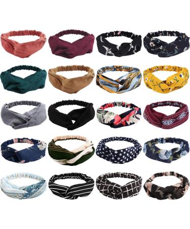 Canitor 20 Pack Boho Headbands for Women Knotted Hair Band Floral Headbands Cross Elastic Hair Band Twisted Head Wraps for Women Vintage Headbands Gifts for Women 1 Boho+Soild