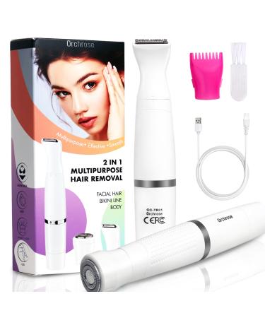Facial Hair Removal for Women, Bikini Trimmer for Women Pubic Hair, Painless 2 in 1 Hair Remover Rechargeable Body & Face Hair Shaver for Legs, Arms, Armpit, Peach Fuzz on Upper Lip and Chin (White)