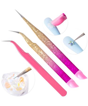 Cosmmap 3Pcs Double Ended Nail Art Tweezers  Stainless Steel Straight Curved Tip Tweezers Silicone Head  Precision Lash Tweezers Nail Rhinestone Stickers for Women Girls Crafts Rhinestone Picker Tool