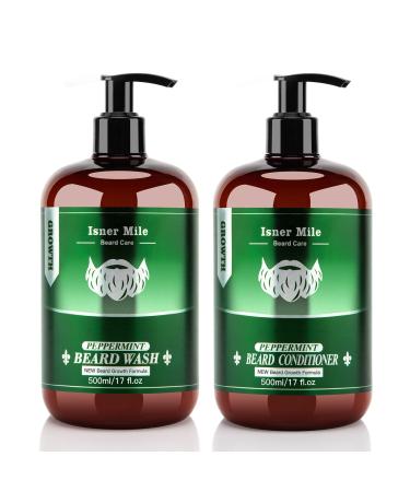 Beard Wash and Conditioner Kit (17oz) Natural Mint Beard Shampoo Conditioner Kit, Fathers Gifts for Dad Him Men, Beard Shampoo Set w/Beard Oil Conditioner Cleanse Smooth Soften Strengthen