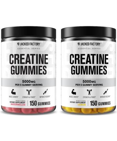 Jacked Factory Creatine Monohydrate Gummies 5g Daily Dose (1g per Gummy) - Creatine Gummy for Men and Women Vegan-Friendly Travel-Friendly Third-Party Tested - 150 Gummies Watermelon & Lemon