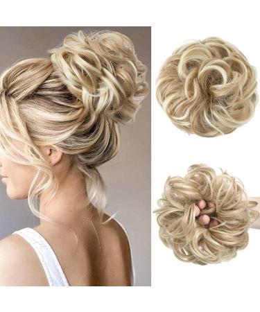 CJL HAIR Messy Bun Hair Piece Wavy Curly Scrunchies Dirty Blonde Synthetic Ponytail Hair Extensions Thick Updo Large Hairpieces for Women Girls Kids