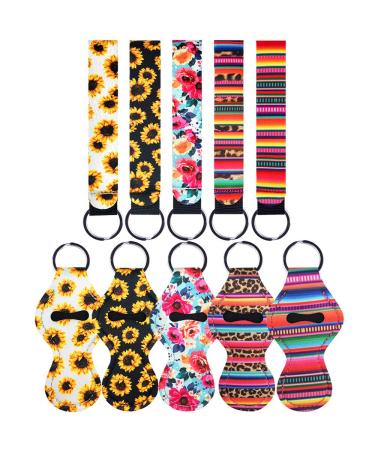5 Pairs Vibrant Chapstick Holder Keychains, Neoprene Lipstick Holder Keychain Protective Cases with Wristlet Lanyard, Portable Balm Holders Pouch for Girls Women - Convenient & Lovely (Style 1)