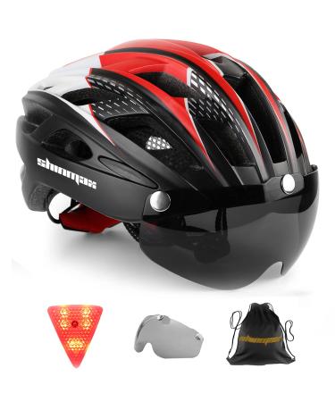 Bike Helmet,Shinmax CPSC/CPC Certificated Bicycle Helmet with Detachable Magnetic Goggles&Led Back Light&Portable Backpack Cycling Helmet Adjustable Mountain Bike Helmet for Adult Men Women SM-T69 Black red white
