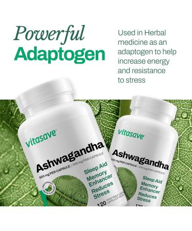 Vitasave Organic Ashwagandha Supplement 120 Vegetarian Capsules - 1300mg per Serving - Non-GMO Gluten-Free & Dairy-Free - Natural Sleep Aid - Memory Enhancer - Reduces Stress - Buy Online on GoSupps.com