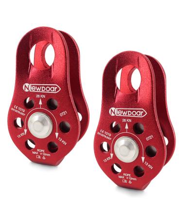 NewDoar Fixed Plate Micro Pulley,26KN CE Certified General Purpose Small Aluminum Rope Pulleys for Climbing/Aloft Work/Rappelling/Rescue Etc Pack of 2(26KN Pulley Red)