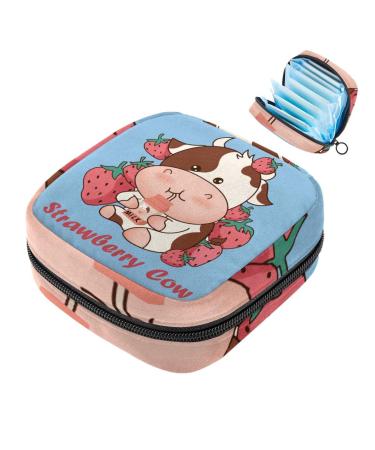 Menstruation pad bag with zipper women's napkin bag tampons collective bags for women and girls (strawberries and cows drink milk) Color 1