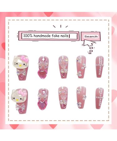 Long Acrylic Stick on Nails - 24pcs Nude Pink Black Coffin Design Fake Nails with Glue Sticker - Fashion Nail Tips for Women and Girls (Kitty) - Buy Online on GoSupps.com