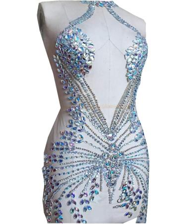 Handmade Full Body Rhinestone Applique on Nude Net - Clear AB Crystal Stones - Dress Patch - Buy Online on GoSupps.com