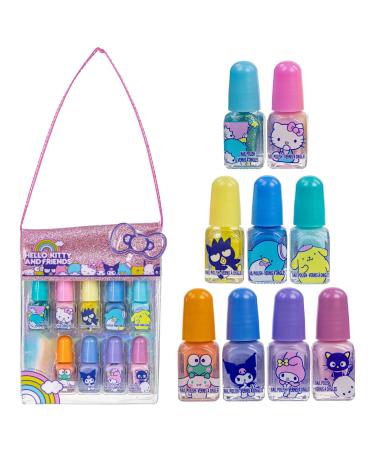 Hello Kitty and Friends - Townley Girl Non-Toxic Water-Based Peel-Off Nail Polish Set with Glittery Shimmery and Opaque Colors in PVC Bag for Girls Kids Ages 3+ Perfect for Parties 9 Pcs