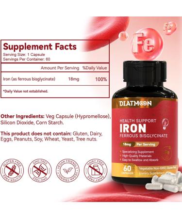 Iron Supplement for Women & Men - Highly Absorbable Iron Bisglycinate Capsules for Adults Vegan Non-GMO Gluten-Free Supports Energy & Overall Wellbeing 60 Count (Pack of 1) - Buy Online on GoSupps.com