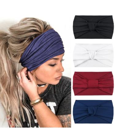 DRESHOW 4 Pack Turban Headbands for Women Wide Vintage Head Wraps Knotted Cute Hair Band Accessories 4 Pack B: White/Maroon/Indigo/Black