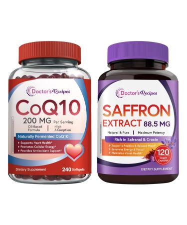 Doctor's Recipes CoQ10 + Saffron Bundle (Pack of 2) | CoQ10 200mg Supplement (Item 1) & Saffron Extract Supplement (Item 2) | 240 Softgels + 120 Capsules