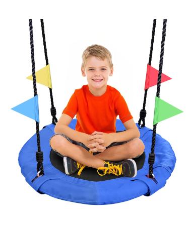 Odoland 24 inch Kid Tree Swing, Outdoor Small Saucer Swing - 900D Waterproof Oxford Platform Swing for Kids, Backyard Round Flying Swing wirh Adjustable Hanging Ropes for 1-2 Kids Blue