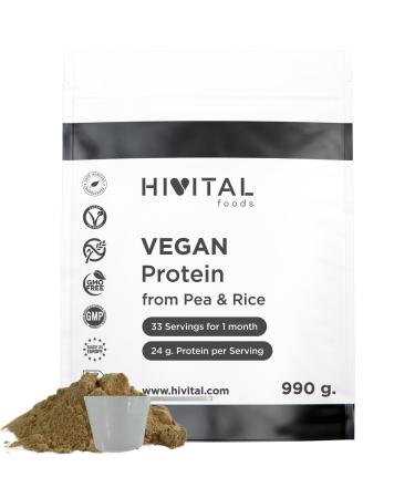 Vegan Protein 990 g for 1 month of treatment 24 g Natural Protein per day Protein based on pea isolate and rice concentrate Natural Chocolate Flavor Without soy Vegan protein HIVITAL