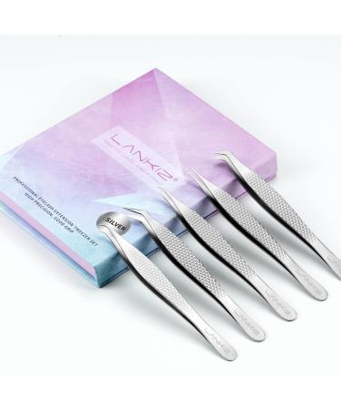LANKIZ Lash Tweezers Eyelash Extension Tweezers Set of 5 High Precision Stainless Steel Lash Tweezers Professional Lash Tweezers for Volume Isolation & Classic Lashes Tweezers Set-Silver 5-Pack Silver