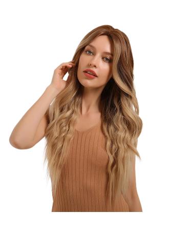 EMMOR Long Ombre Honey Brown Wig for Women Natural Wavy Curly Hair Middle Part Wigs Party Cosplay Daily Use