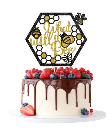 Tenhaisi What Will it Bee Cake Topper - Bumblebee Theme Birthday/Baby Shower/Gender Reveal Party Cake Decors Photo Booth Props - Gold&Black Glitter Cake Topper