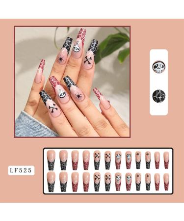 Halloween Ghost Spider Design Coffin False Nails - 24Pcs Long Ballerina Press on Nails - Black & Red Edge - Plastic Diamond Acrylic Stick on Nails for Women and Girls - Buy Online on GoSupps.com
