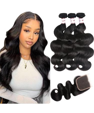 Brazilian Body Wave Human Hair Bundles with Closure(16 18 20 +14, Bundles with Closure) 100% Unprocessed Body Wave 3 Bundles with 4X4 Lace Closure Free Part Natural Black Hair 16 18 20+14 bundles with closure