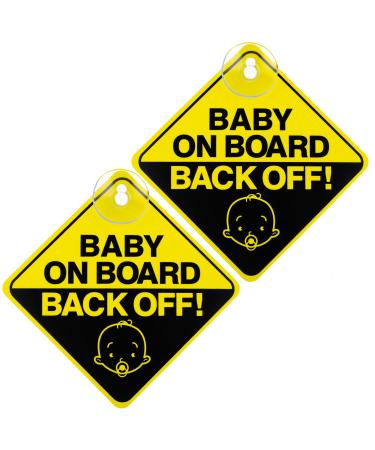Bewudy 2 PCS Baby on Board Car Warning Sign Baby on Board Sticker Sign for Car Warning with Suction Cups Baby in Car Sticker for Car Reusable Baby on Board Sticker Yellow (Back Off)