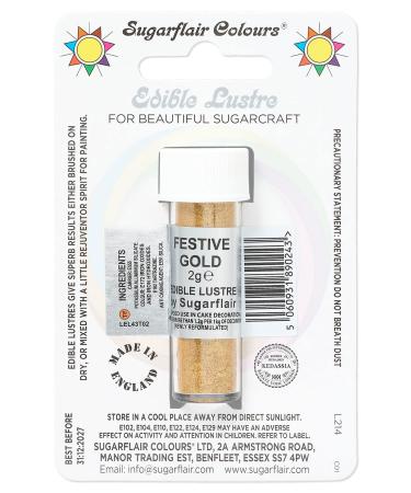 Sugarflair Festive Gold Edible Lustre Dust (E171 Free) Add a Lustrous Shine to Cakes or Decorations. Brush On or Add Rejuvenator to Create Eye-Catching Edible Paint- 2g