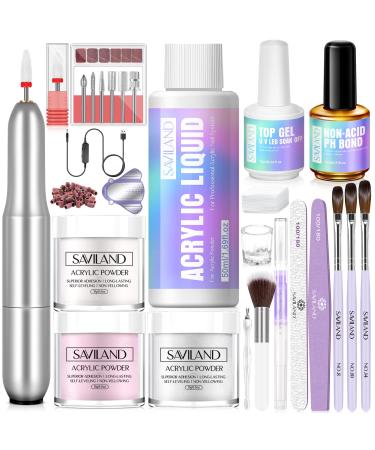SAVILAND Acrylic Nail Kit with Nail Drill: Professional 0.5Oz Clear/White/Pink Acrylic Powder and Liquid Set with Nail Drill Acrylic Nail Brush Nails Kit Acrylic Set for Beginners DIY & Nail Salon White Purple Pink