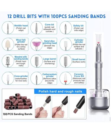 Cordless Rechargeable Electric Nail Drill with Stand - 12 in 1 Electric Nail File Kit for Acrylic and Gel Nails Manicure Pedicure Tools for Shaping and Polishing Includes 100 Grinding Heads - Buy Online on GoSupps.com