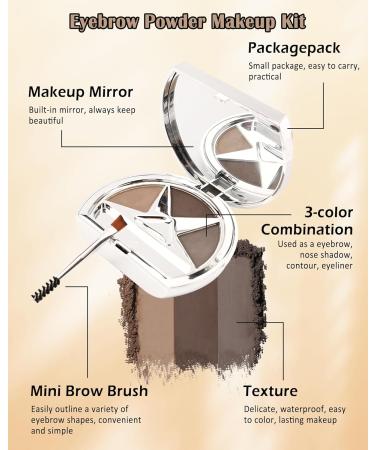 Eyebrow Powder Makeup Palette - Waterproof & Long Lasting 3 Colors Grey Brown Series for Natural Brows with Brush & Mirror - Buy Online on GoSupps.com