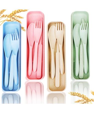 Reusable Travel Utensils Set with Case, 4 Sets Wheat Straw Portable Knife Fork Spoons Tableware, Eco-Friendly BPA Free Cutlery for Kids Adults Travel Picnic Camping Utensils(Green, Beige, Pink, Blue) 4 Sets - Green, Beige, Pink, Blue